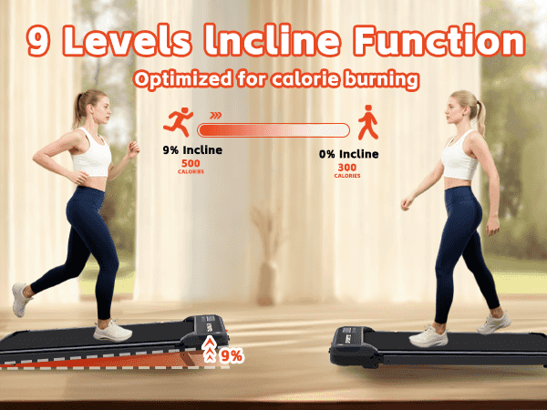 Treadmill with 9 levels incline function, designed for calorie burning, featuring two women walking on the incline levels outdoors
