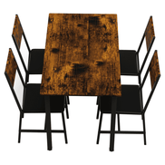 Top view of 5 Piece Metal Wood Dining Table Set for 4 showing rectangular wood grain table and four black cushioned chairs.