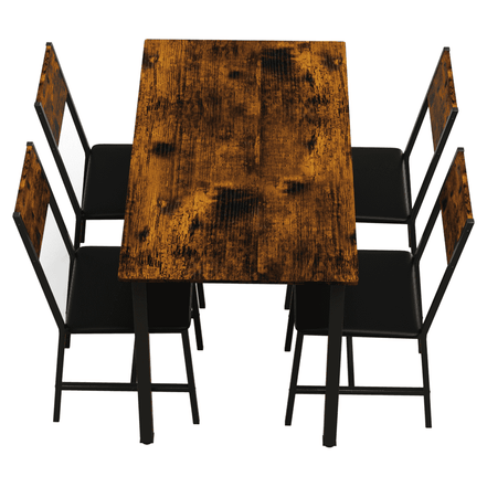 Top view of 5 Piece Metal Wood Dining Table Set for 4 showing rectangular wood grain table and four black cushioned chairs.