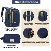 Navy blue backpack and toiletry bag with size reference and feature details on a beige background.