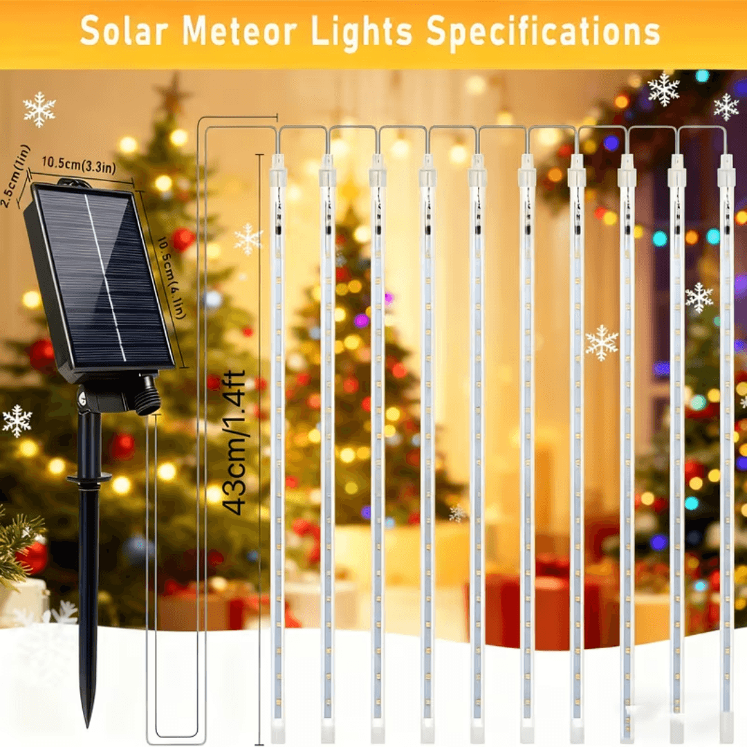 Solar meteor shower lights specifications: solar panel with stake and ten 11.8 in light tubes