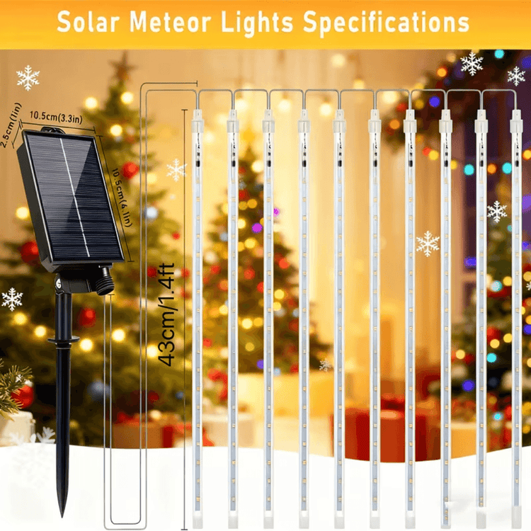 Solar meteor shower lights specifications: solar panel with stake and ten 11.8 in light tubes