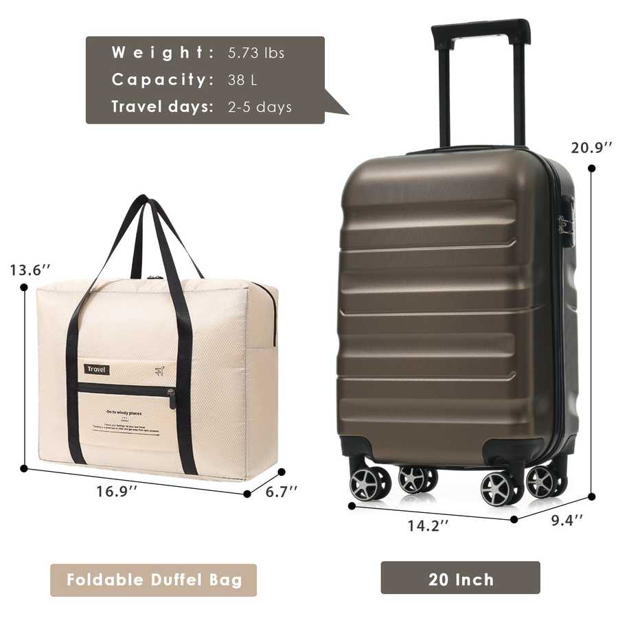 Hardshell ABS Carry-On Luggage with Spinner Wheels, Lightweight Travel Suitcase Set with Foldable Duffel Bag for Men & Women, 20Inch