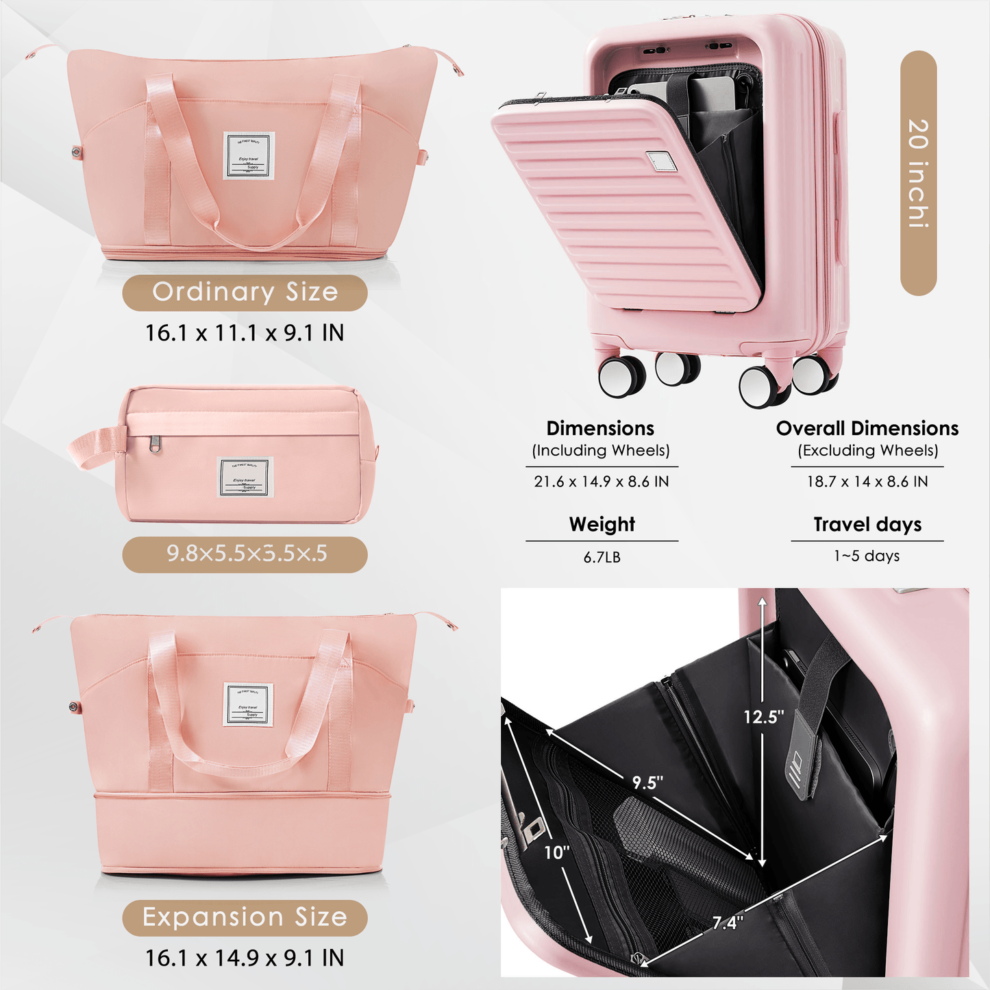 4-Piece Luggage Set with USB Charging Ports - 20in Carry-On (Front-Opening for Laptop) 28in Checked Suitcase with TSA Lock Travel Duffel Bag Wet-Dry Toiletry Bag, pink