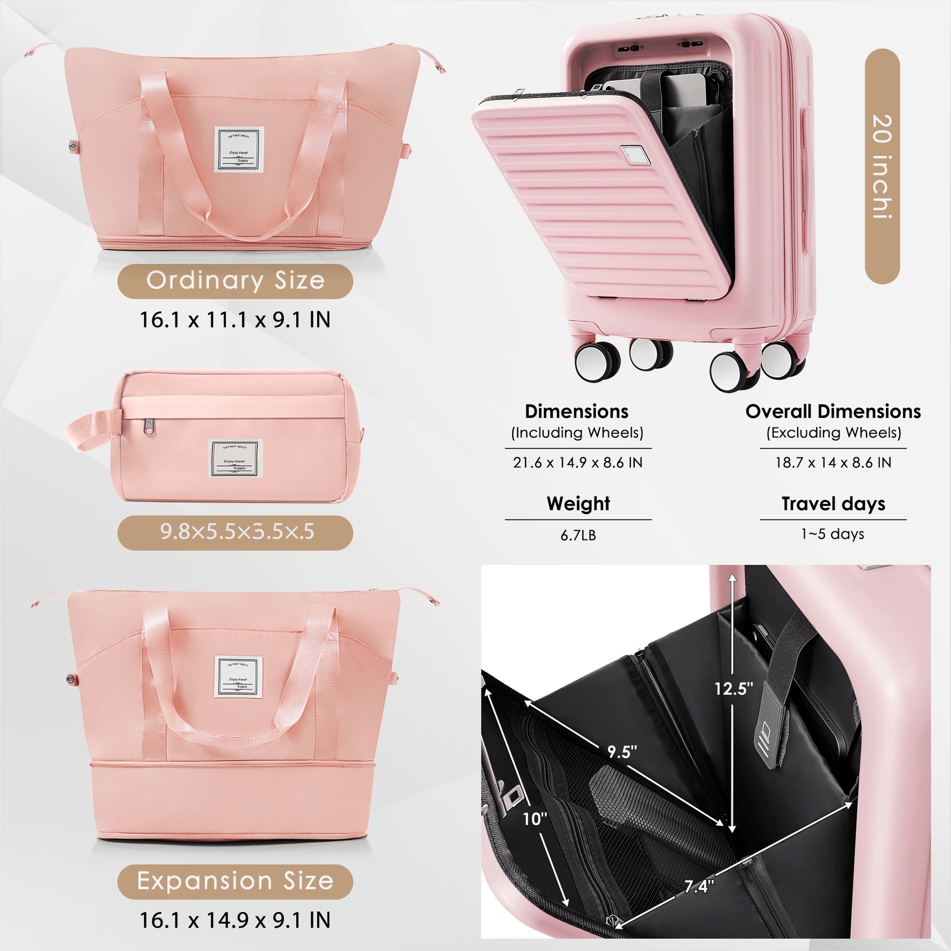 4-Piece Luggage Set with USB Charging Ports - 20in Carry-On (Front-Opening for Laptop) 28in Checked Suitcase with TSA Lock Travel Duffel Bag Wet-Dry Toiletry Bag, pink