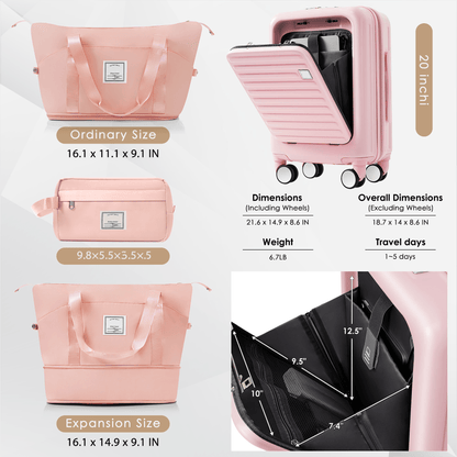 4-Piece Luggage Set with USB Charging Ports - 20in Carry-On (Front-Opening for Laptop) 28in Checked Suitcase with TSA Lock Travel Duffel Bag Wet-Dry Toiletry Bag, pink