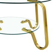 Lower glass shelf of vintage metal coffee table with gold frame, showing sturdy support and clean lines.