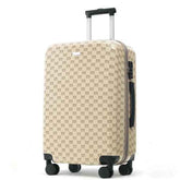 A hard-shell carry-on suitcase with an extended telescoping handle and four spinner wheels, featuring a beige and brown repeating monogram pattern. The suitcase is photographed on a clean white background.