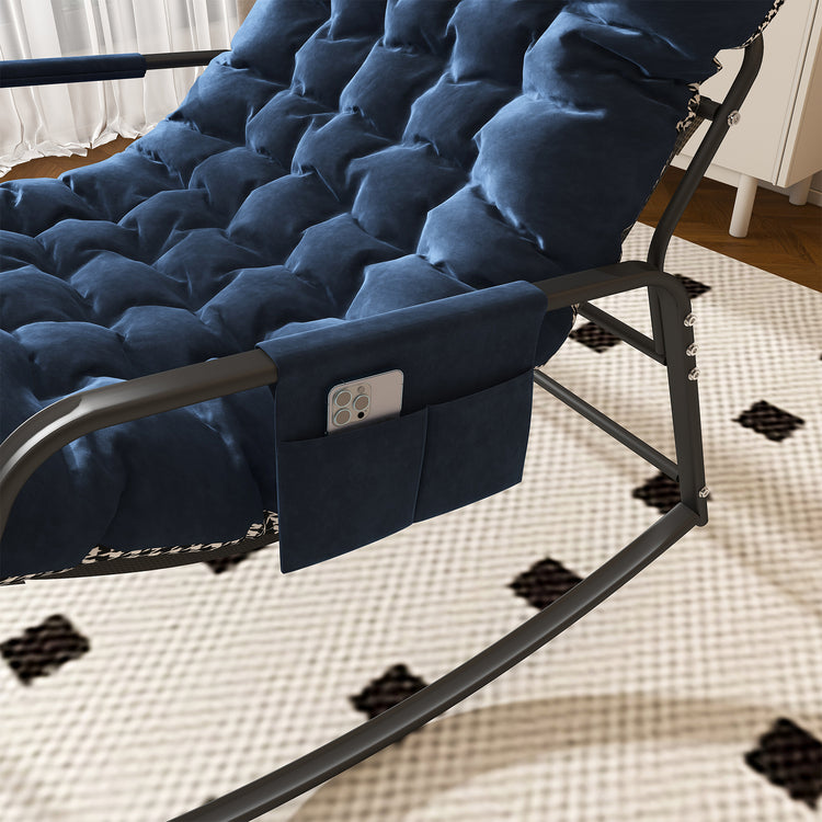 Blue quilted chair cover on a metal frame with a visible brand label, on a checkered floor.
