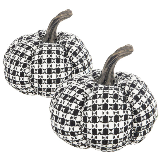 Set of 2 Fabric Black-White Plaid Pumpkin Decor for Halloween