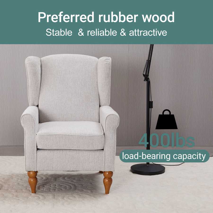 Gray armchair with wooden legs in a room setting, featuring text about rubber wood stability and load-bearing capacity.