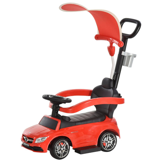 3 in 1 Ride on Push Cars for Toddlers, Stroller Sliding Walking Car with Sun Canopy, Horn, Music, Safety Bar, Cup Holder and Storage, Red