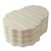 Set of two round nesting coffee tables with beige marble finish, scalloped edges, and fully assembled design for living room decor