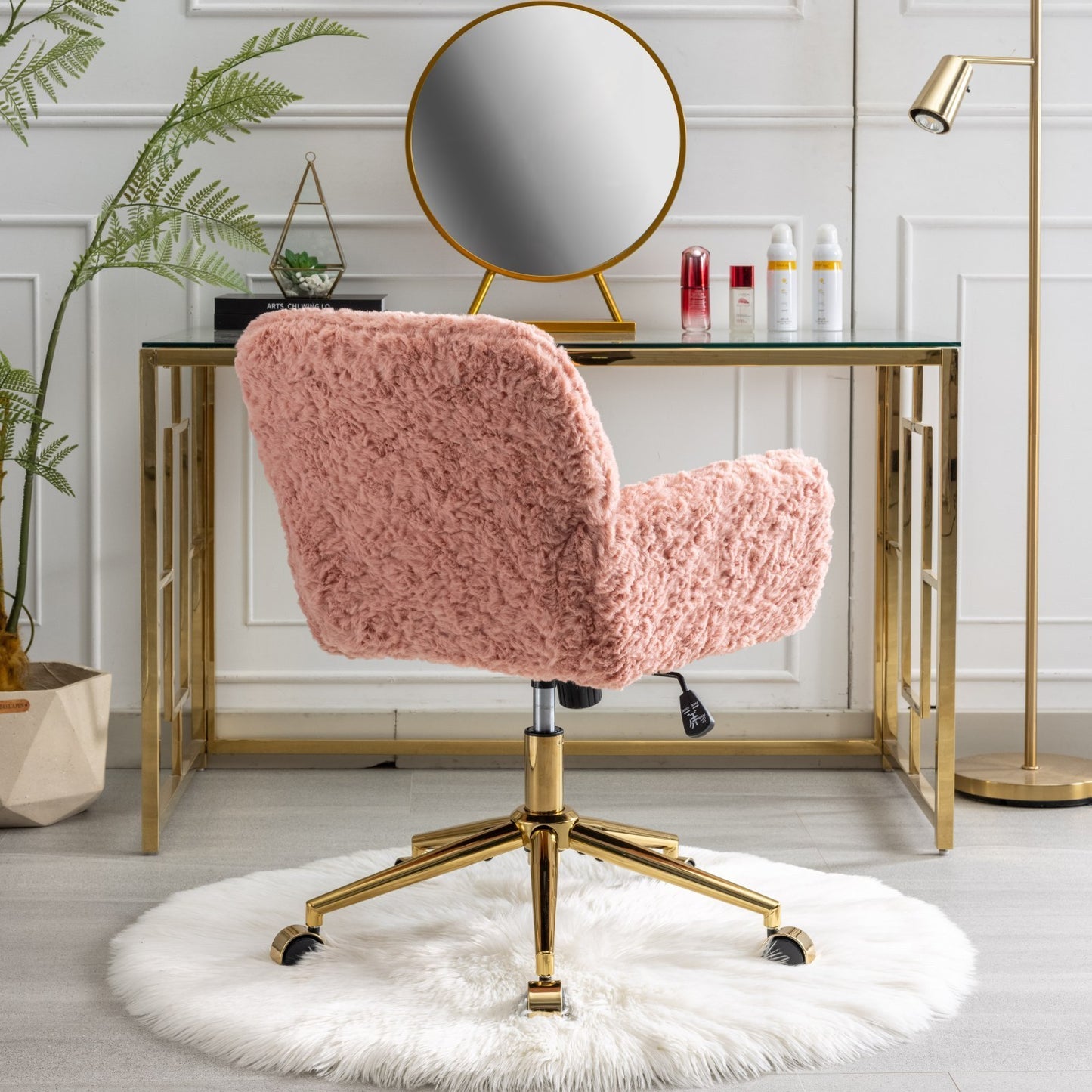Furniture Office Chair,Artificial rabbit hair Home Office Chair with Golden Metal Base,Adjustable Desk Chair Swivel Office Chair,Vanity Chair(Pink)