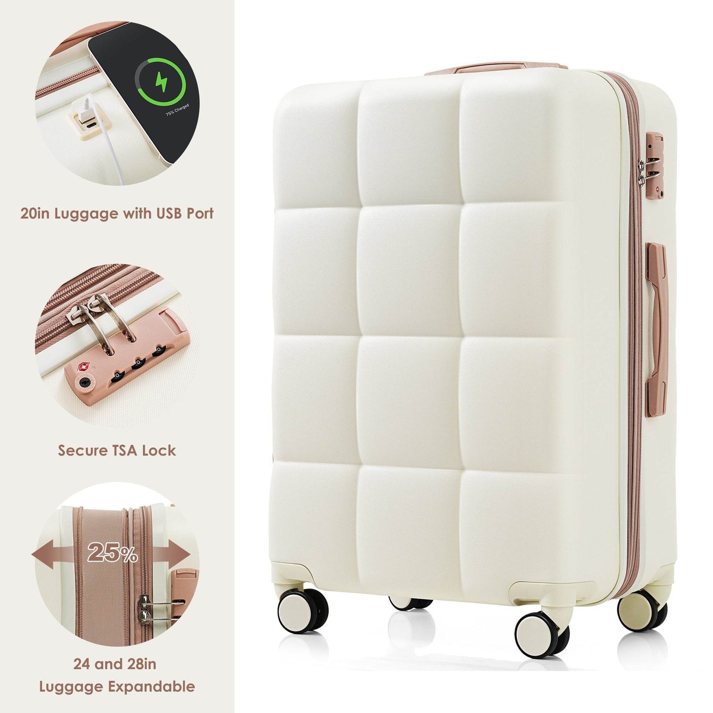 MLNshops Beige Luggage Set with USB Port - Durable & Stylish - MLNshops