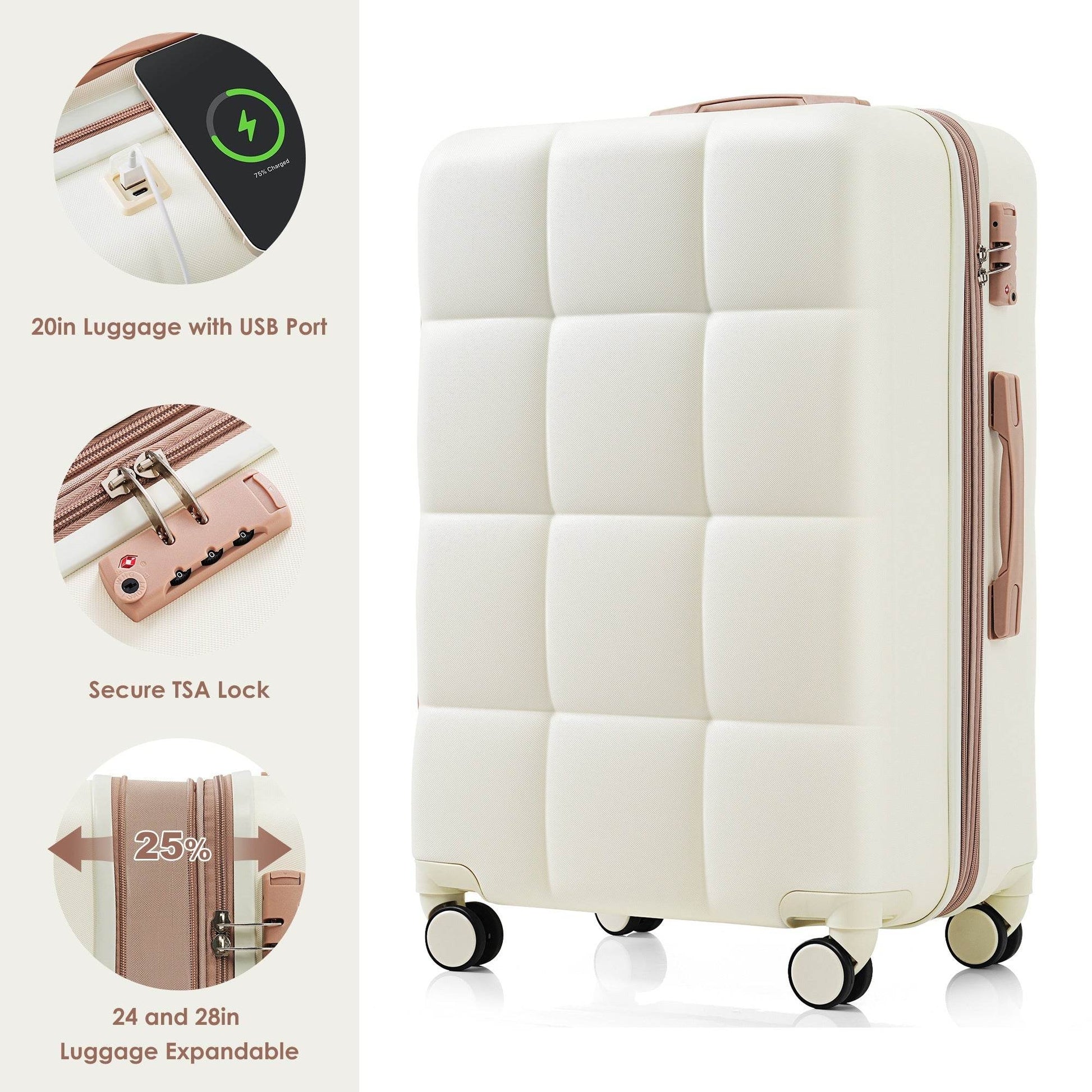 MLNshops Beige Luggage Set with USB Port - Durable & Stylish - MLNshops
