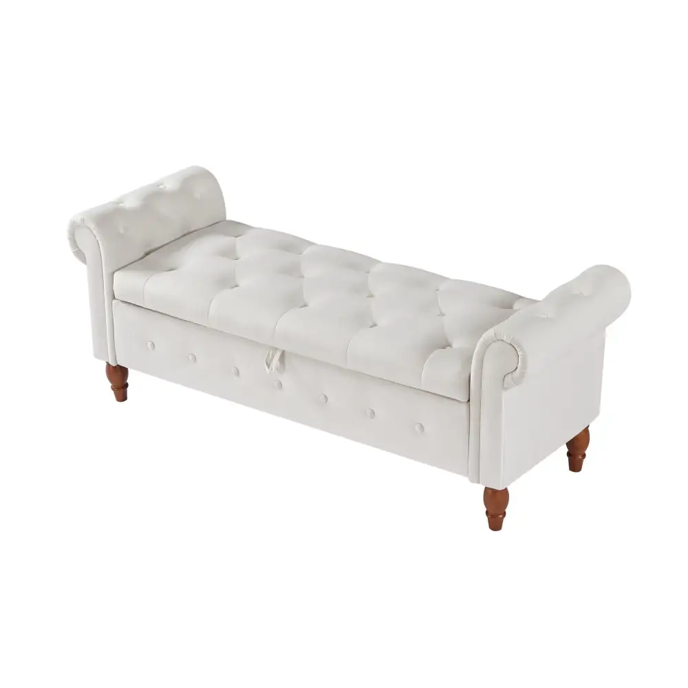 Beige, Solid Wood Legs, Velvet Bedroom End of Bed Storage Bench Rolled Side Sofa Bench Toy Storage Bench MLNshops]