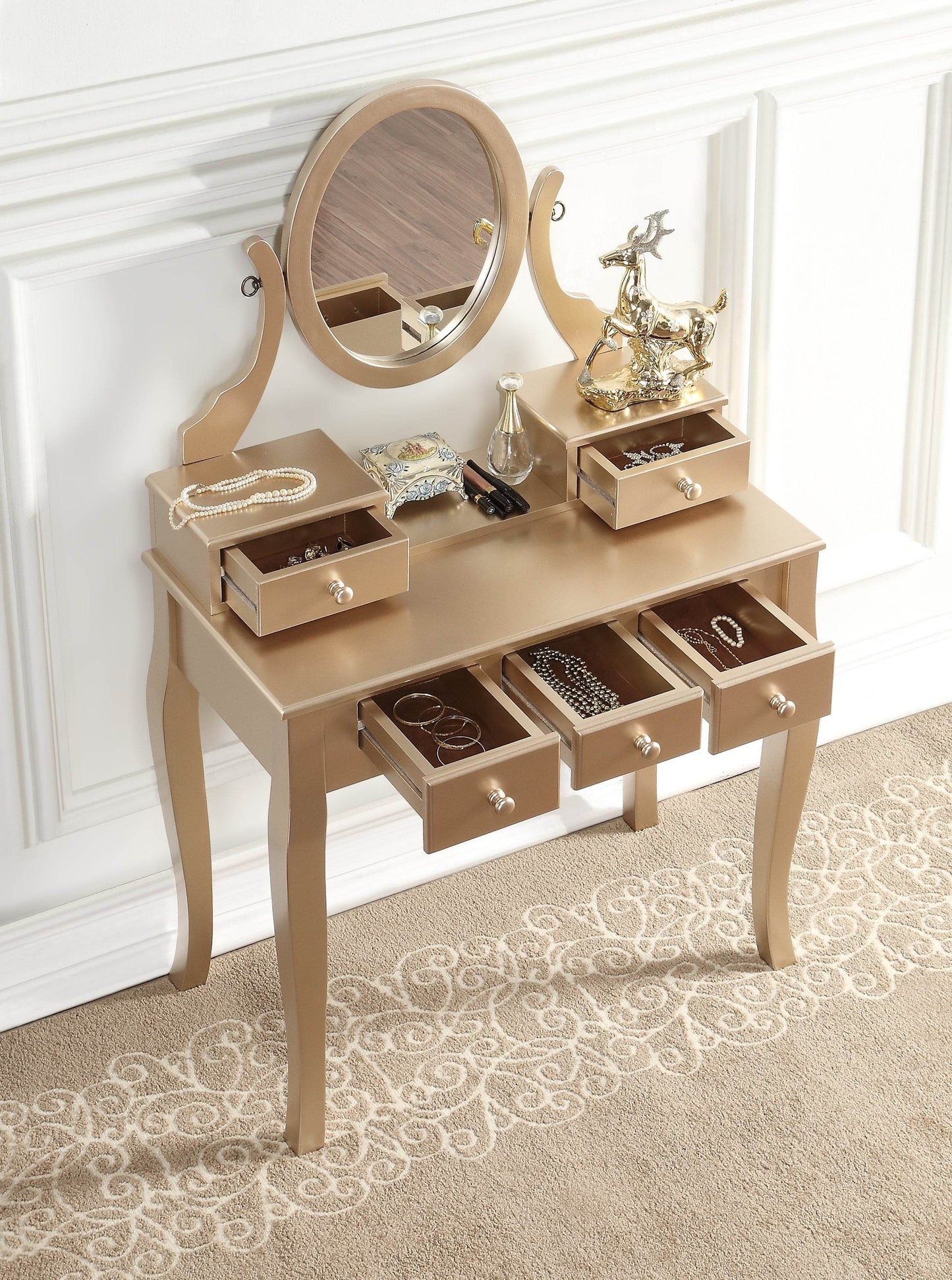 MLNshops gold makeup vanity table with stool - Oval Mirror