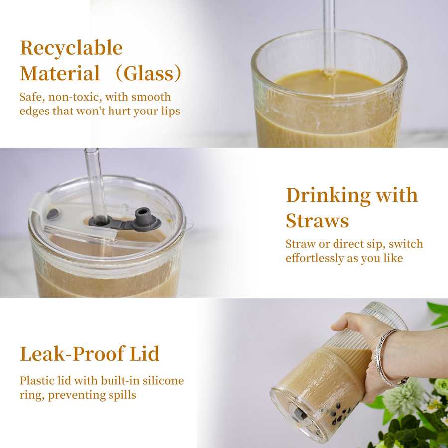Close-up of a glass cup with straw and leak-proof lid for versatile beverage use