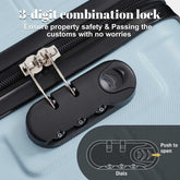 3-digit combination lock on a suitcase with text about property safety and customs clearance.