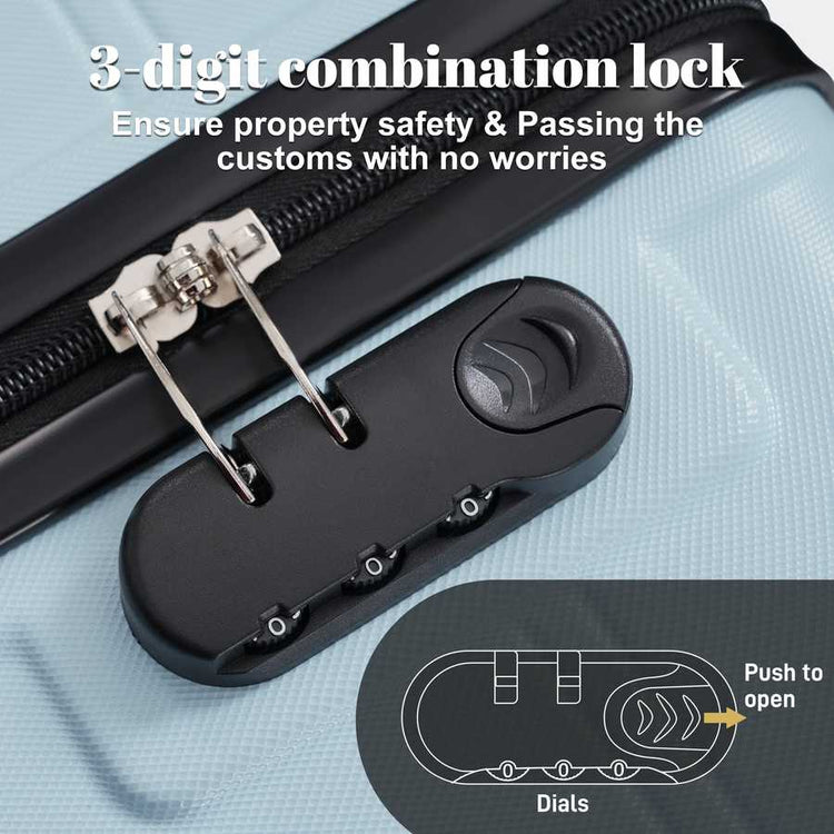 3-digit combination lock on a suitcase with text about property safety and customs clearance.