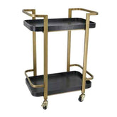 Black and gold metal bar cart with two tiers, gold frame, casters, highlighting its modern style and versatile use in home decor
