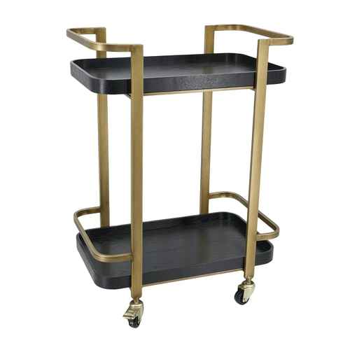 Black and gold metal bar cart with two tiers, gold frame, casters, highlighting its modern style and versatile use in home decor