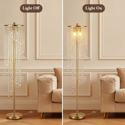 Gold floor lamp for living room shown with light off and on, highlighting crystal detailing and warm LED illumination in a beige setting.