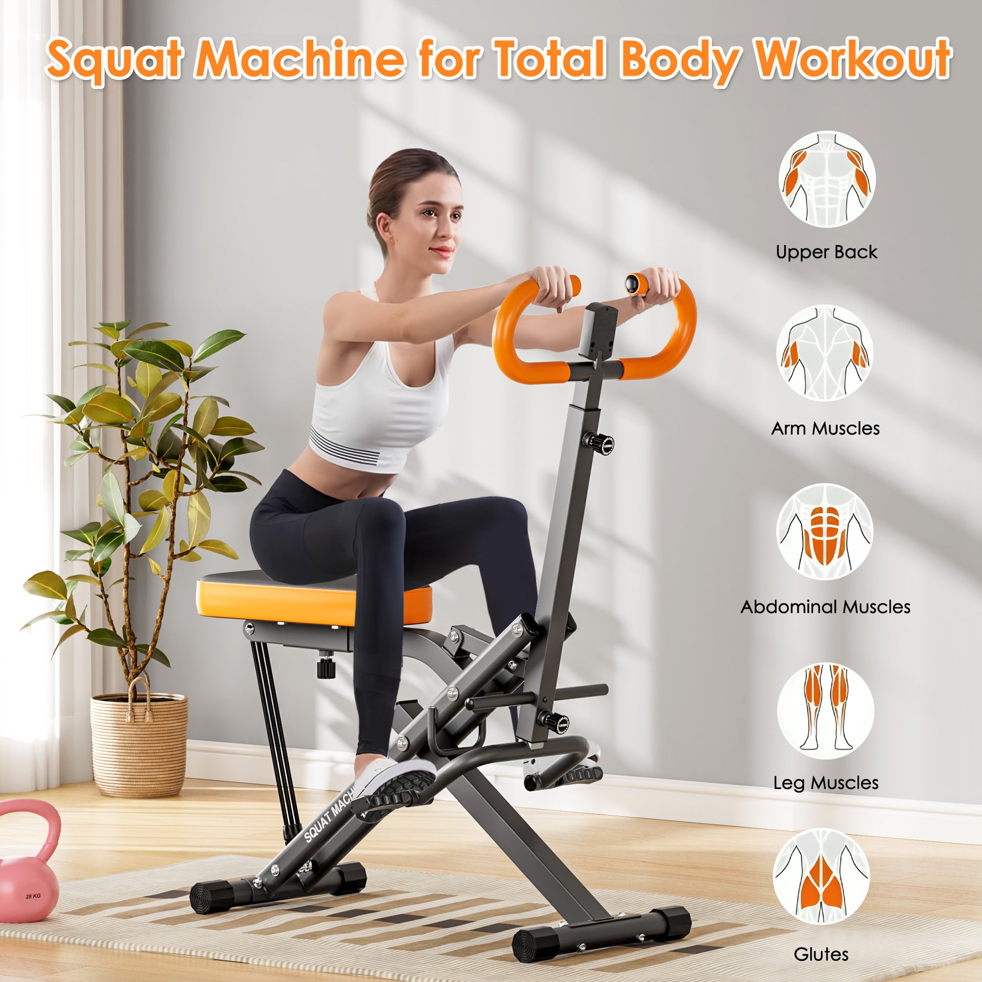 Squat Machine Home - Adjustable Resistance shown targeting upper back, arms, abs, legs, and glutes for total body fitness.