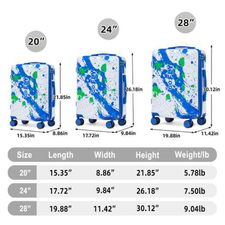 Size chart showing three hard-shell suitcases labeled 20 inches, 24 inches, and 28 inches with printed dimensions, heights, and weights, plus a summary table below on a white background.