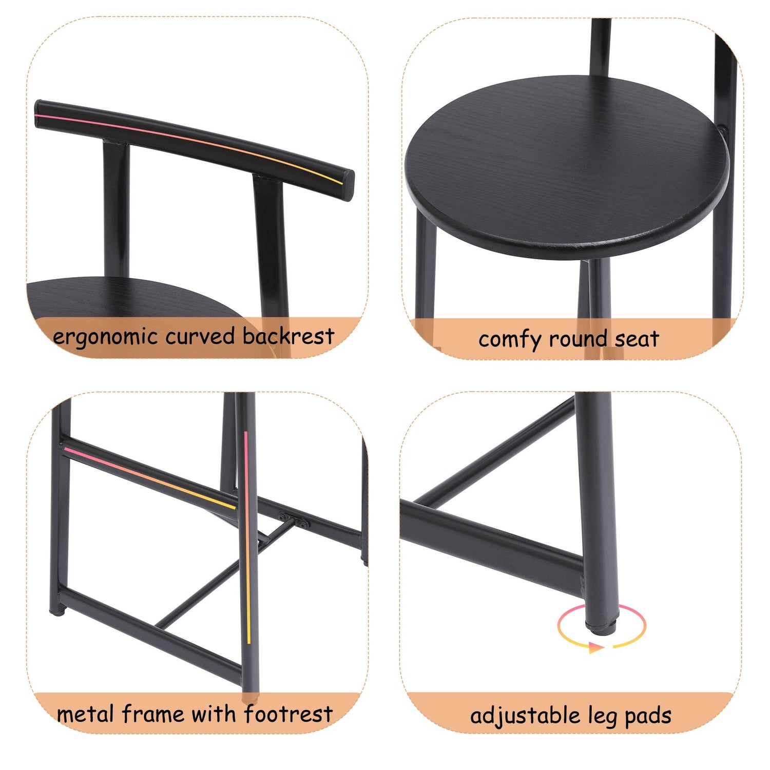 MLNshops Bar Stools with Footrest Set of 3, Modern Black