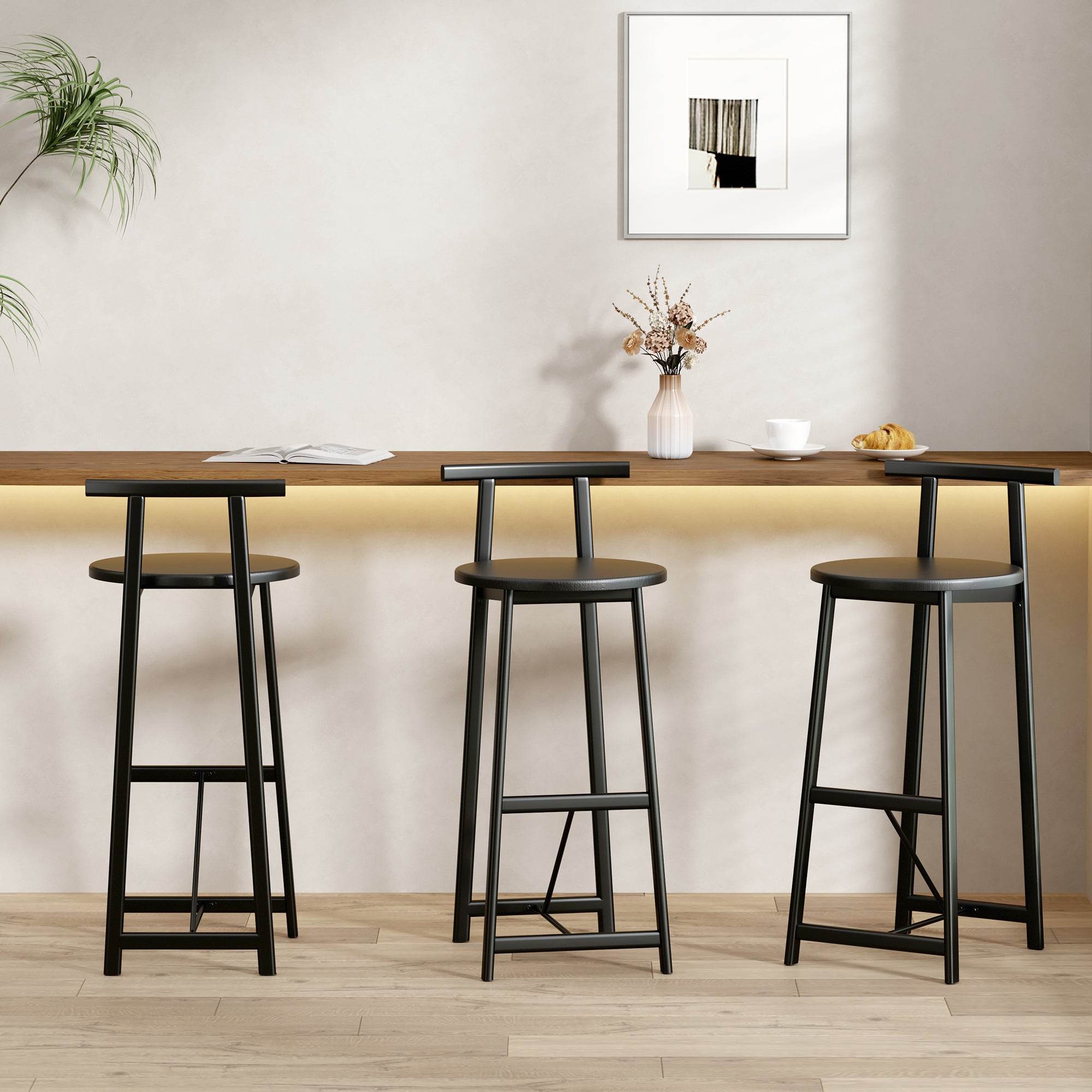 MLNshops Bar Stools with Footrest Set of 3, Modern Black