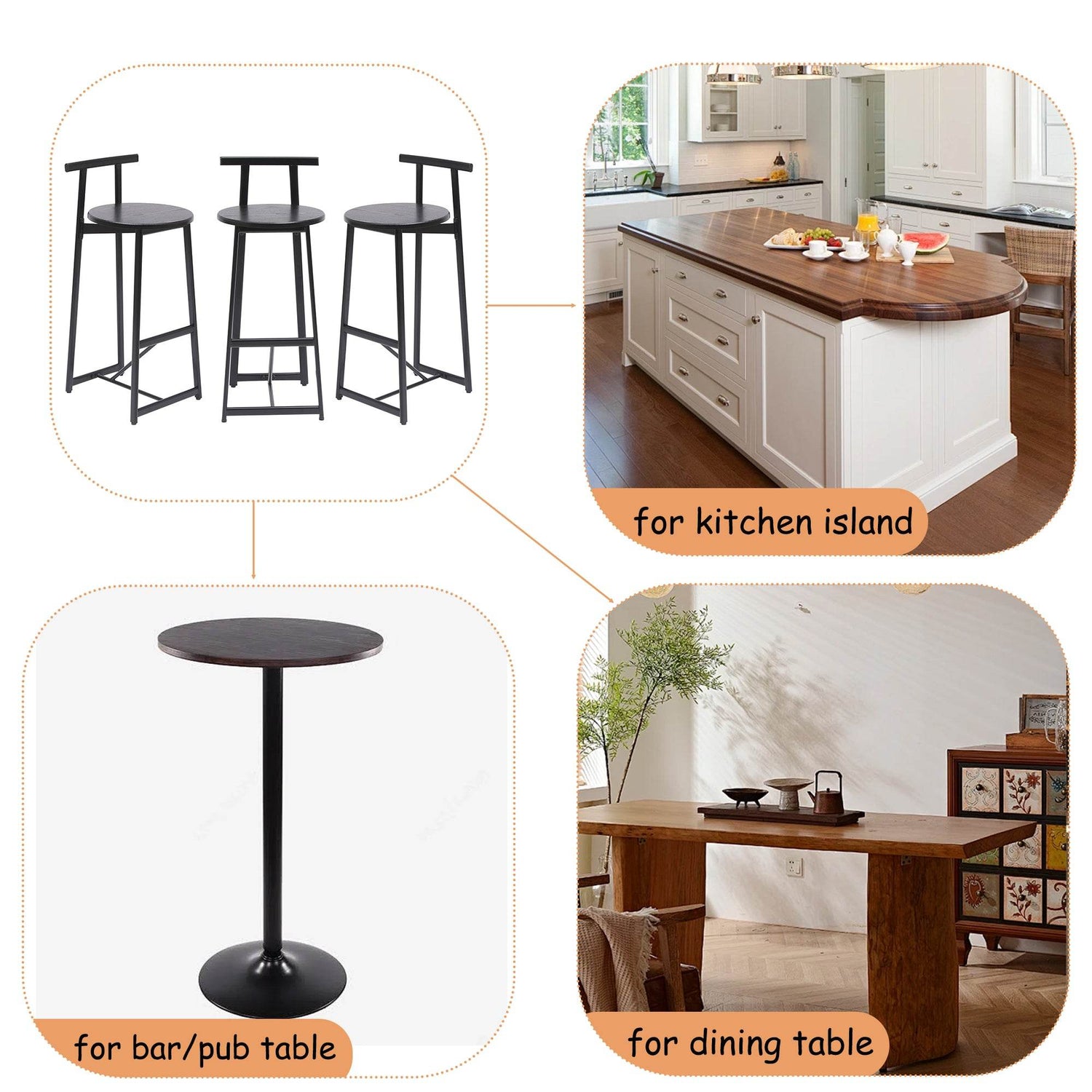 MLNshops Bar Stools with Footrest Set of 3, Modern Black