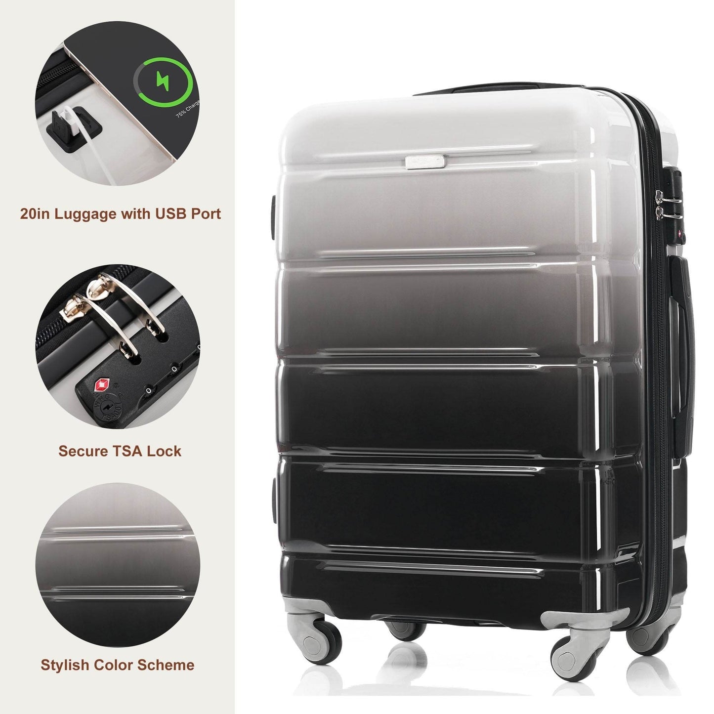MLNshops Black Luggage Set with USB Port - 3 Piece Travel Suitcase Set - MLNshops