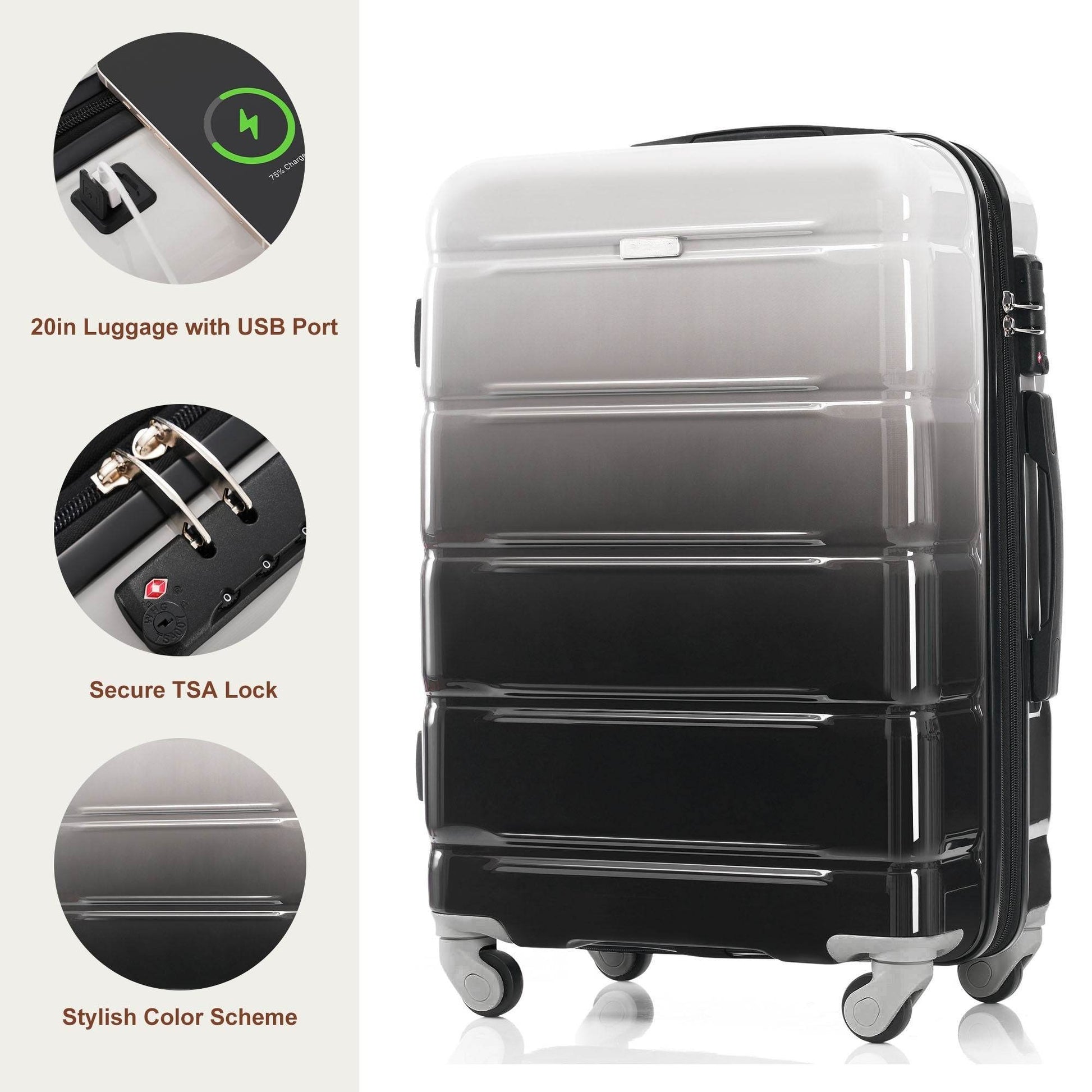 MLNshops Black Luggage Set with USB Port - 3 Piece Travel Suitcase Set - MLNshops