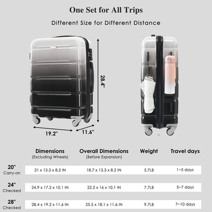 MLNshops Black Luggage Set with USB Port - 3 Piece Travel Suitcase Set - MLNshops