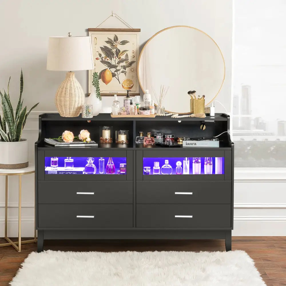 Black Wood Tempered Glass Drawer Dresser with LED Light Strips & Charging Station & USB Ports Bed Table MLNshops]