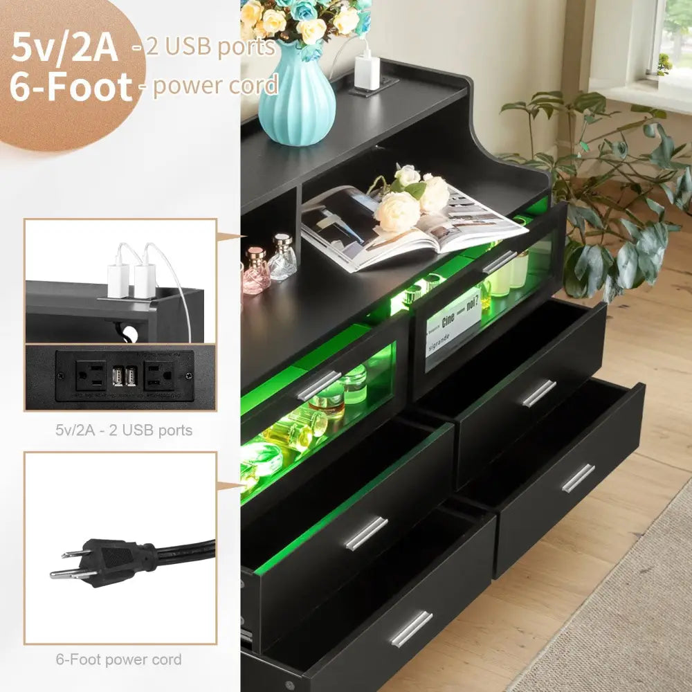 Black Wood Tempered Glass Drawer Dresser with LED Light Strips & Charging Station & USB Ports Bed Table MLNshops]