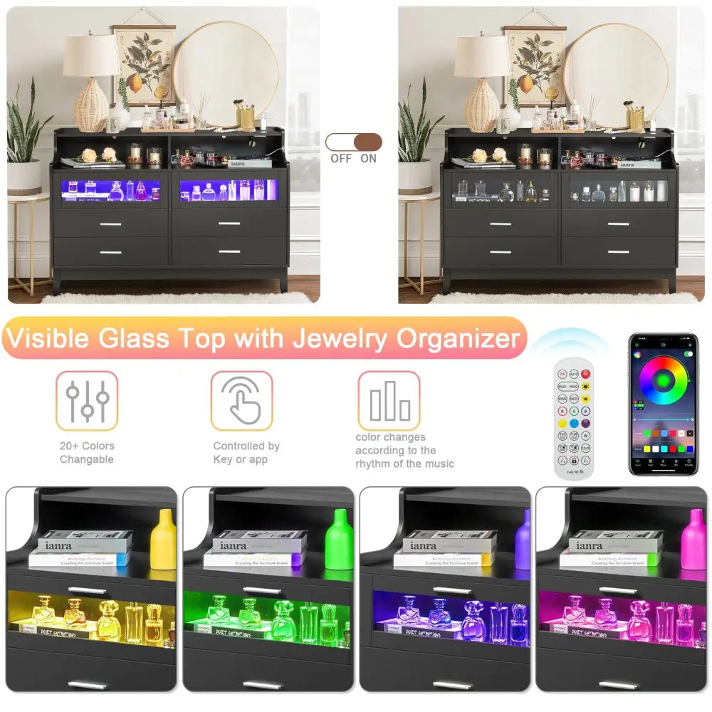 Black Wood Tempered Glass Drawer Dresser with LED Light Strips & Charging Station & USB Ports Bed Table MLNshops]