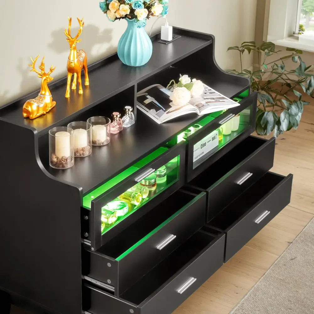 Black Wood Tempered Glass Drawer Dresser with LED Light Strips & Charging Station & USB Ports Bed Table MLNshops]