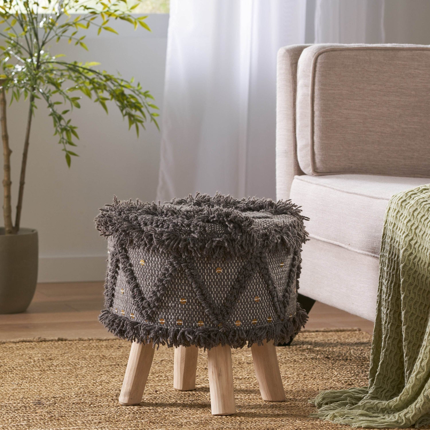 MLNshops Eucalyptus Wood Frame Ottoman Foot Stool