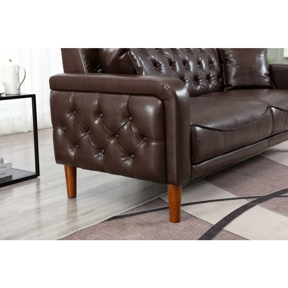 Brown PU Leather Sponge Sofa, Indoor Sofa, Removable Wooden Feet, Tufted Buttons MLNshops]