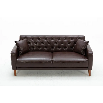 Brown PU Leather Sponge Sofa, Indoor Sofa, Removable Wooden Feet, Tufted Buttons MLNshops]