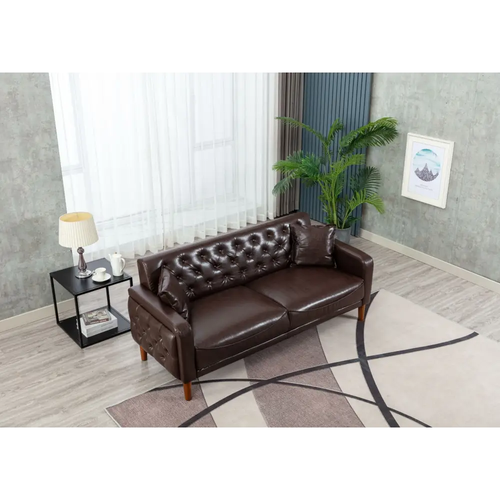 Brown PU Leather Sponge Sofa, Indoor Sofa, Removable Wooden Feet, Tufted Buttons MLNshops]