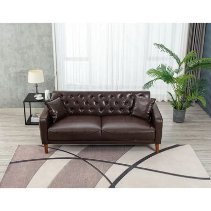 Brown PU Leather Sponge Sofa, Indoor Sofa, Removable Wooden Feet, Tufted Buttons MLNshops]