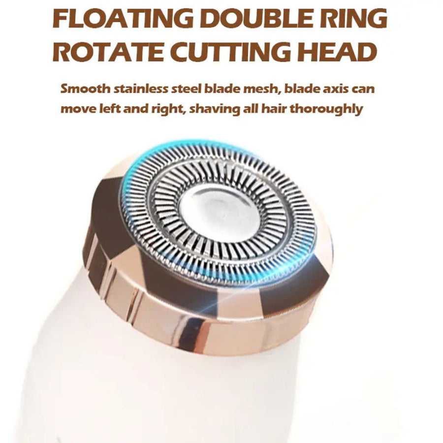Close-up of rotating blade head on electric shaver for women
