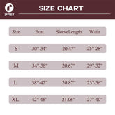 Size chart for clothing with measurements in inches, branded &