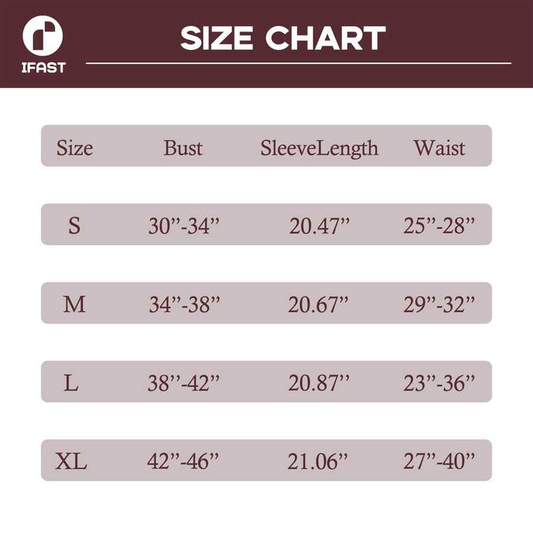 Size chart for clothing with measurements in inches, branded &