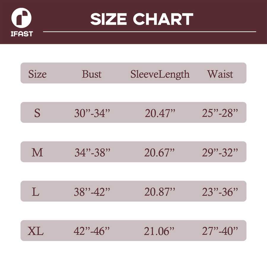 Size chart for clothing with measurements in inches, branded &