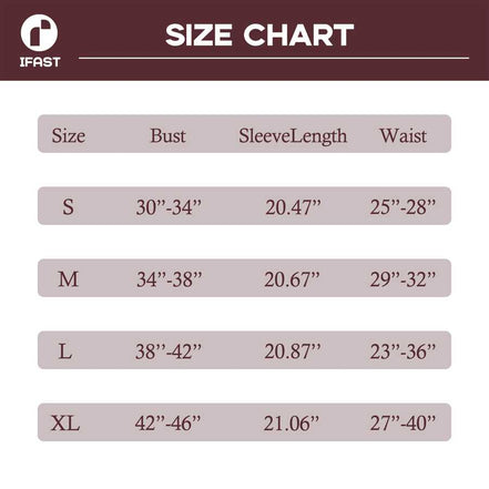 Size chart for clothing with measurements in inches, branded 'IFAST'.